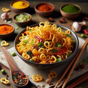 Fryums and noodles in a bowl on counter top