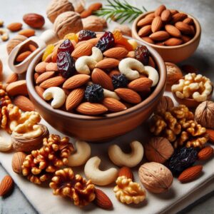 Nuts and Dried Fruits in a bowl on a counter top