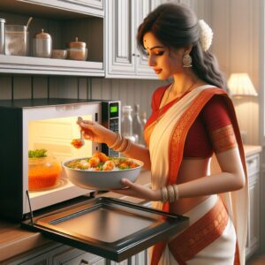 Lady taking heated food from oven