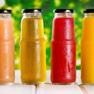 Juice bottles on a counter top