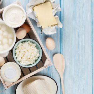 Dairy items in bowls on a counter top