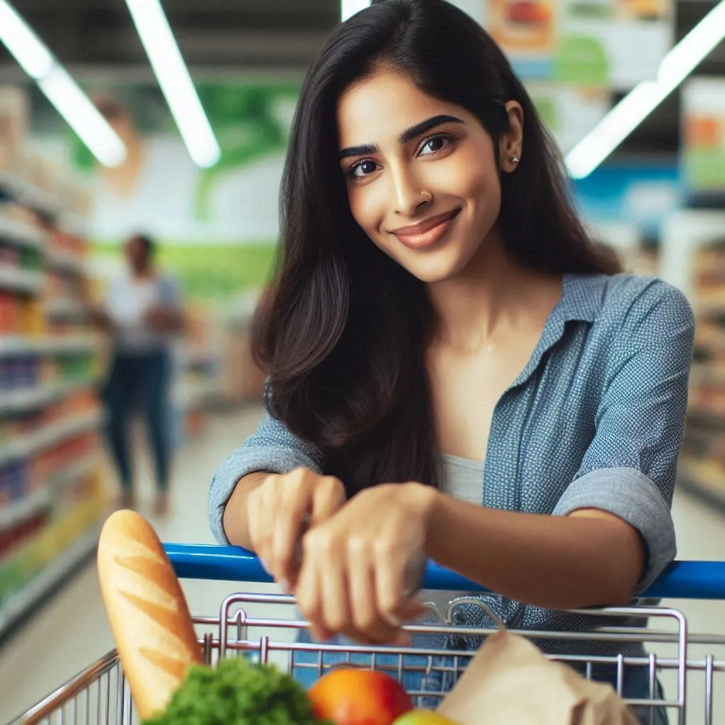 Smiling woman shopping for Indian groceries, fresh produce, and spices in a store.