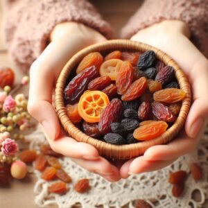 raisins and dates in palm of a lady