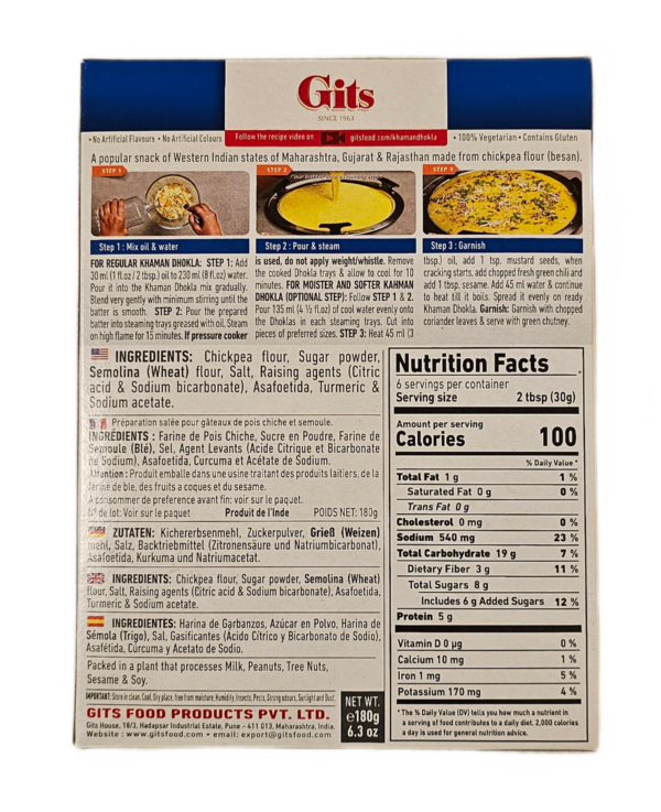 Gits, Insatnt Mix, Ready to Eat, Gits Khaman Dhokla Mix 180 Gm