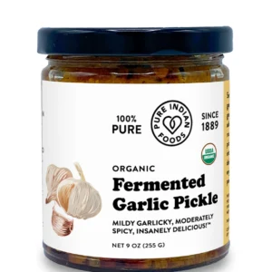 Front view of Organic Fermented Indian Garlic Pickle in a 9 oz jar from Pure Indian Foods
