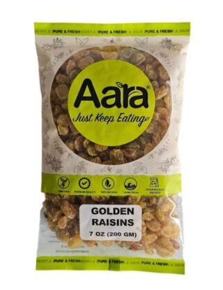 Aara Golden Raisins in a 200 gm pack, showcasing their natural sweetness and health benefits.