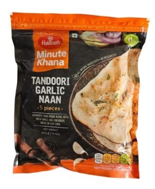Haldirams Tandoori Garlic Naan, a flavorful Indian bread with garlic seasoning.