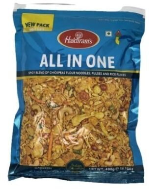 Haldirams All in One Snack Mix 400g packaging featuring a blend of crunchy snacks.