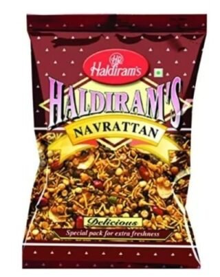 Front view of Haldiram Navratan Mix 400 Gm packaging featuring a blend of spices and snacks.