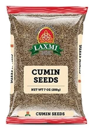 Laxmi Cumin Seeds in a package, 200 grams, ideal for enhancing flavor in dishes.