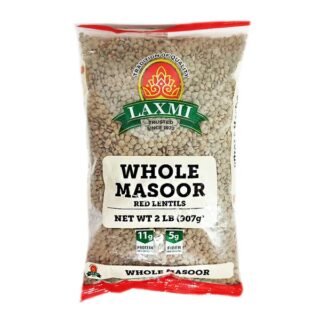 Laxmi Whole Masoor lentils in a 2 lb package, nutritious and versatile for meals.