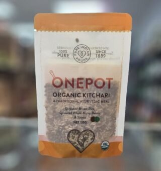 OnePot Kitchari meal featuring organic sprouted brown rice and mung beans.