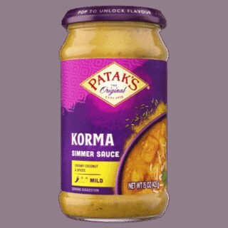 Pataks Korma Simmer Sauce in a jar, 15 Oz, ideal for enhancing meals with rich flavors.
