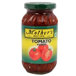 Jar of Mothers Recipe Tomato Pickle with a vibrant red color and spices.
