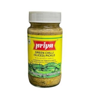 Priya Green Chilli Pickle in a jar, showcasing its vibrant color and texture.