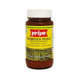 Priya Drumstick Pickle in a 300g jar, showcasing its tangy and spicy flavor.