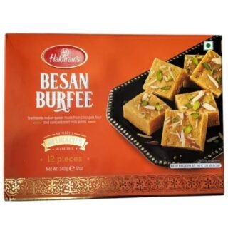 Haldiram's Besan Burfee, a traditional Indian sweet treat in a 12-piece frozen pack.