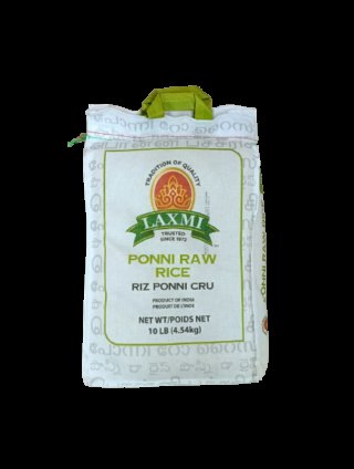 10lb bag of Laxmi Ponni Raw Rice, ideal for South Indian dishes
