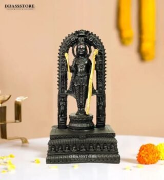 Miniature black Shri Ram Lalla idol sculpture, 7 inches tall, from Balak Ram Mandir in Ayodhya.